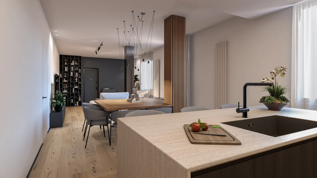 render progetto di ristrutturazione cucina di casa Galilei57 a Brescia
