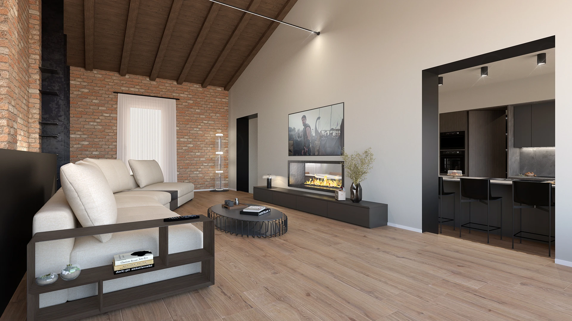 progettazione zona giorno openspace con apie vetrate e travi a vista